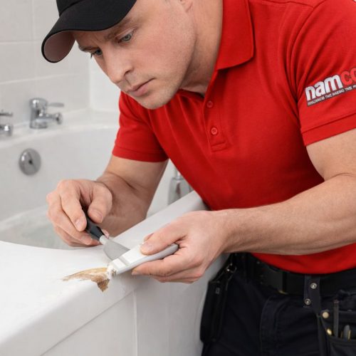TECHNICIAN REPAIRING CHIPPED BATH