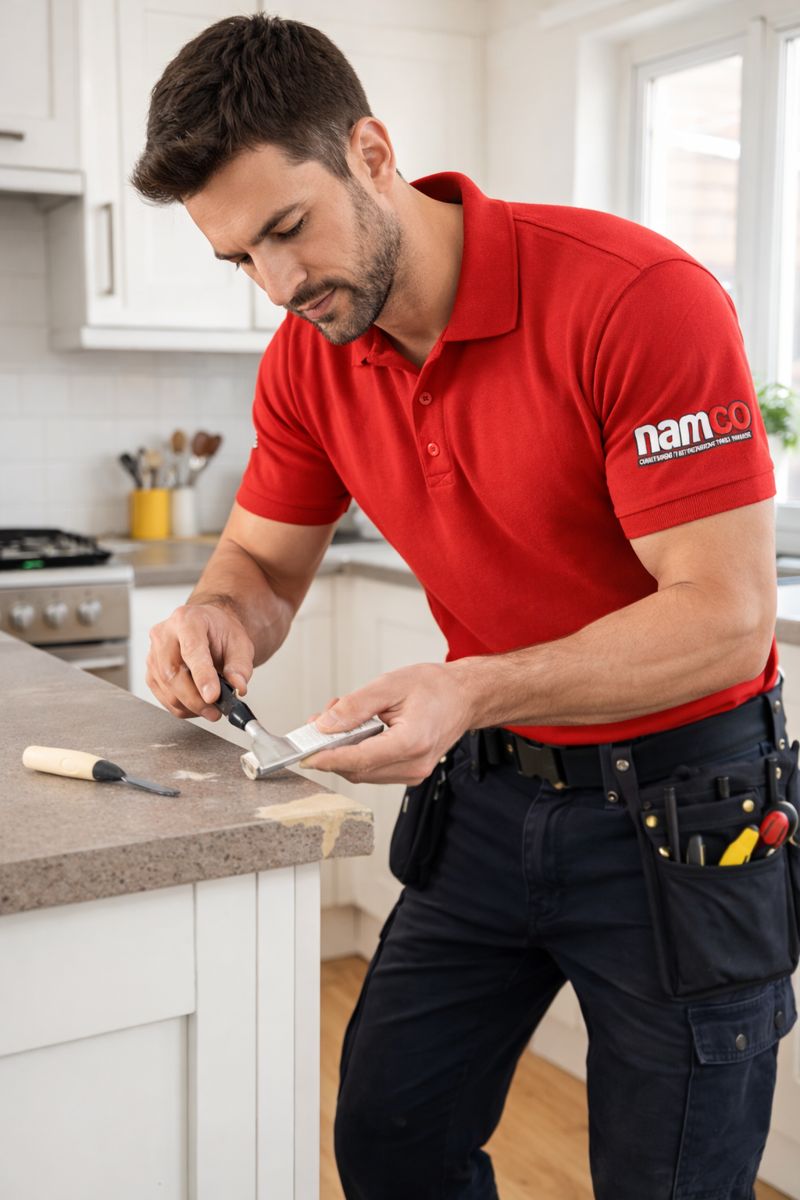 WORK MAN REPAIRING KITCHEN WORKTOP